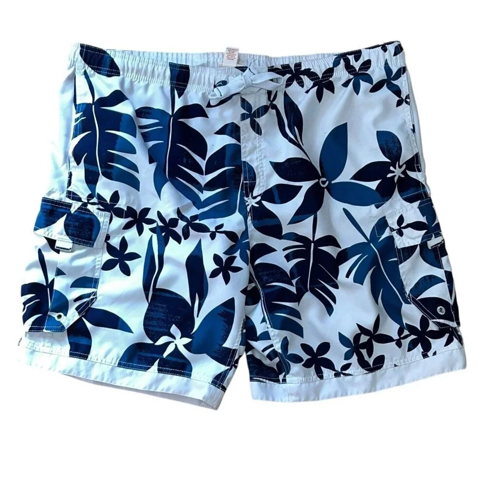 Mossimo Men’s White Blue Floral Lined Swim Trunks Size Large‎ Drawstring Cargo